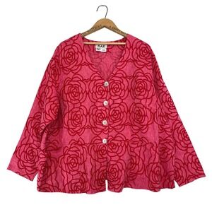 FLAX Womens 100% Linen Rose Floral Button Front Jacket Pink Red Size 3G Generous